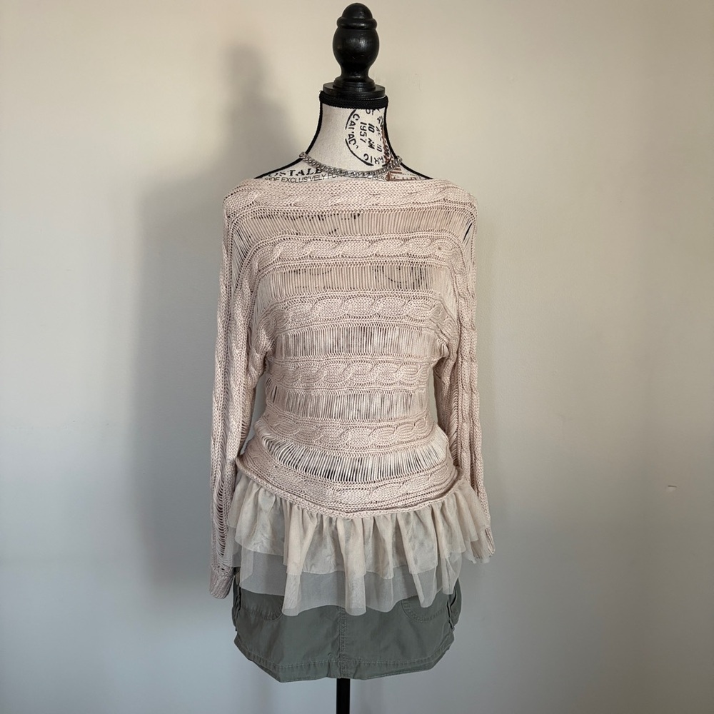 cottagecore open knit boatneck sweater with ruffles